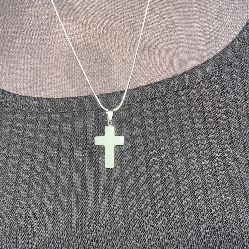 Stone Cross necklace and silver long chain